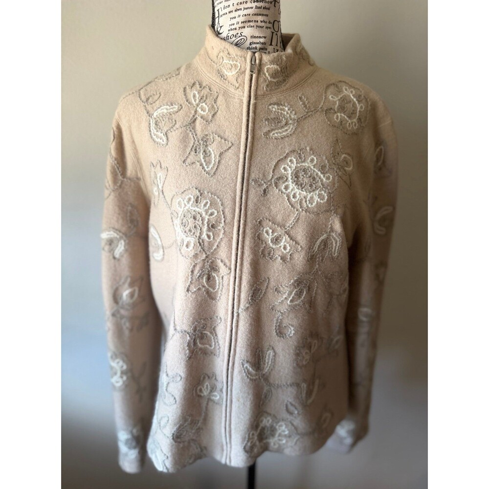 Jones New York Merino Wool Floral Embroidered Full-Zip Jacket Beige Medium